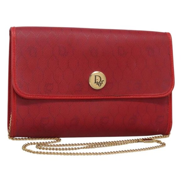 Christian Dior Honeycomb Canvas Chain Shoulder Bag PVC Red Gold Auth MX492 - Picture 1 of 16
